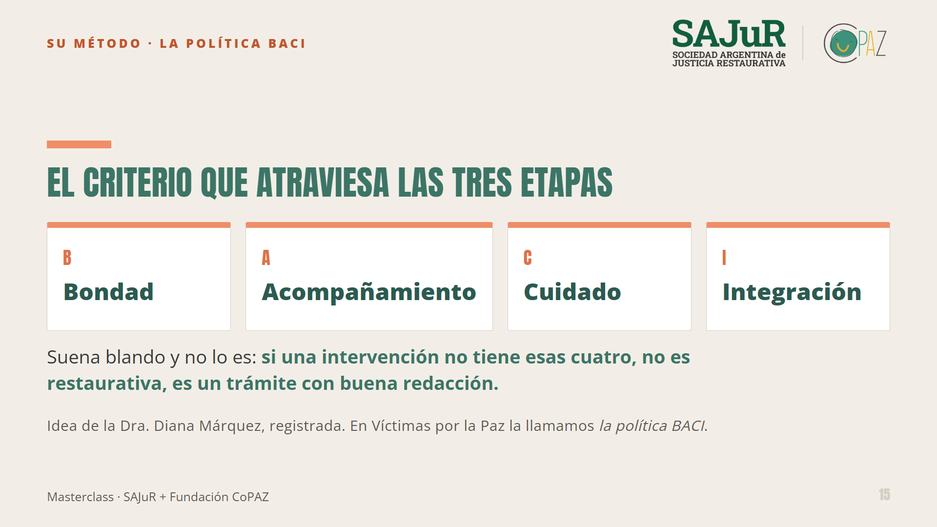 Placa de la clase: bondad, acompa&ntilde;amiento, cuidado e integraci&oacute;n, el criterio que atraviesa las tres etapas.